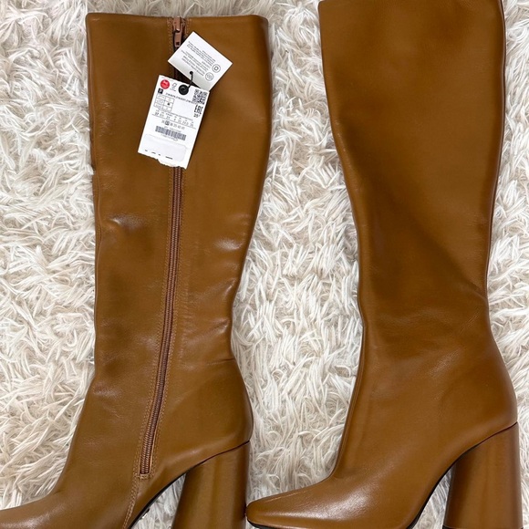 ZARA Brown Leather Knee High Boots w/ Block Heel, Size 8, NWT, Sold Out! - Picture 6 of 7